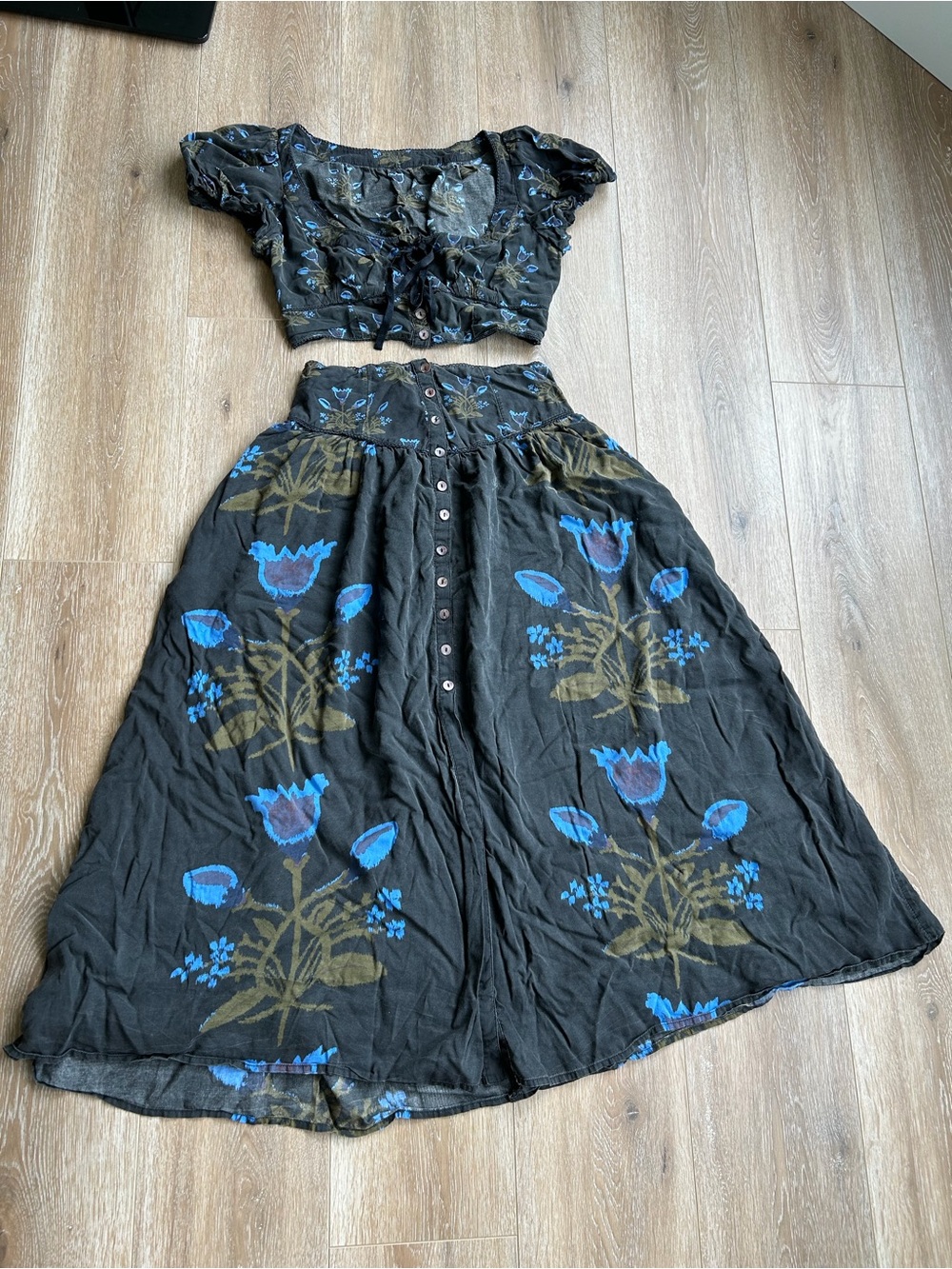 Free People Black Maxi two piece Skirt set with Floral Print